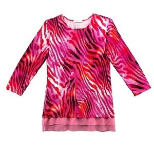 Leggiadro Blouse Shirt Womens 2 Pink Mixed Animal Print 3/4 Sleeve Lagenlook